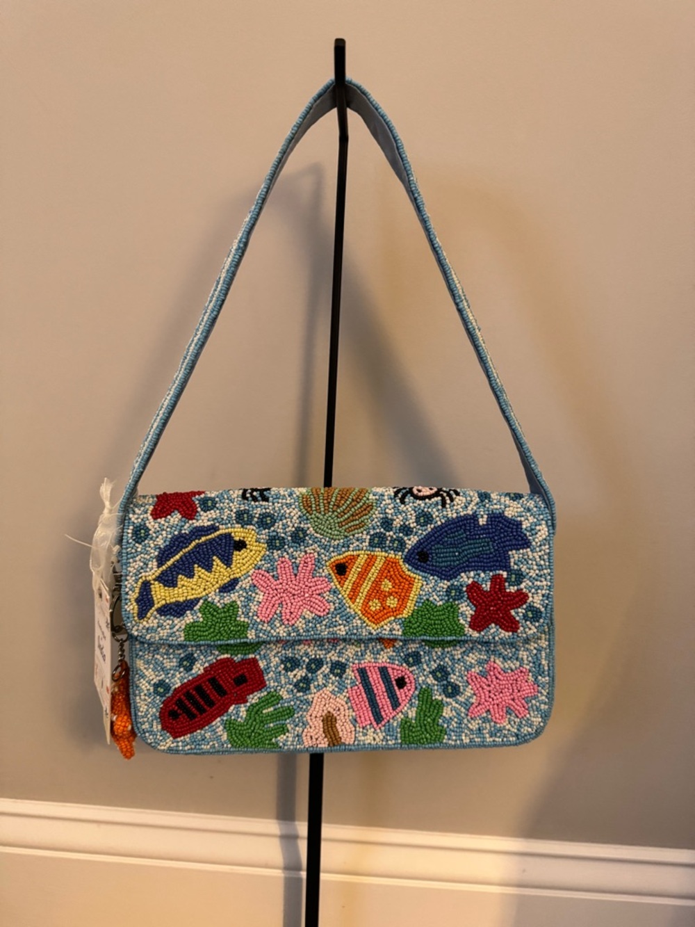 Hand-Beaded Sea Life Shoulder Bag in Light Blue